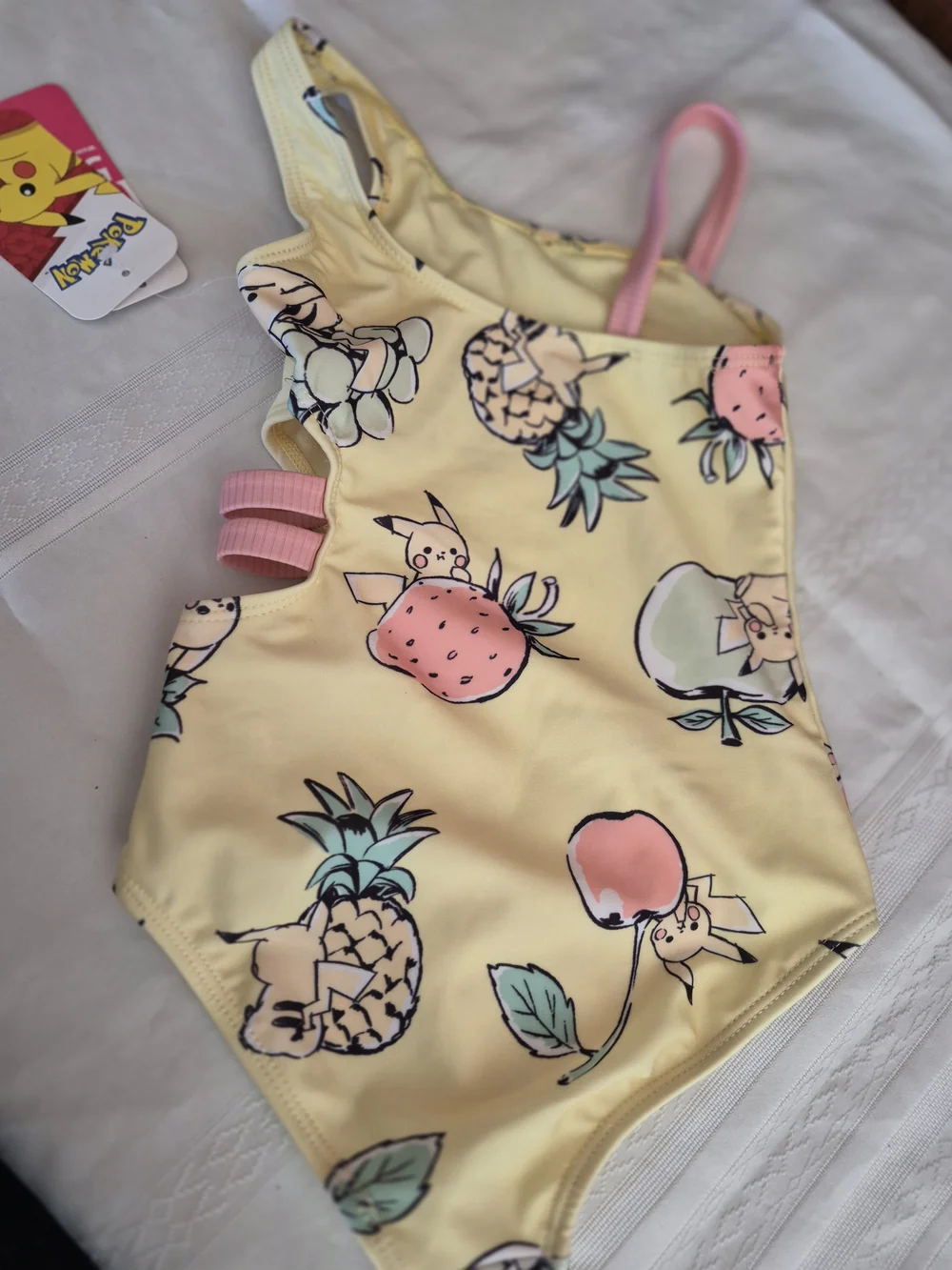 Pokemon Pikachu Yellow Fruit-Print Girls' One-Piece Swimsuit with Pink Straps